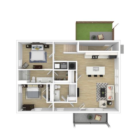 Modern 3D floor plan showcasing 2 bedrooms, open-concept kitchen, spacious living area, and balconies with outdoor leisure space.