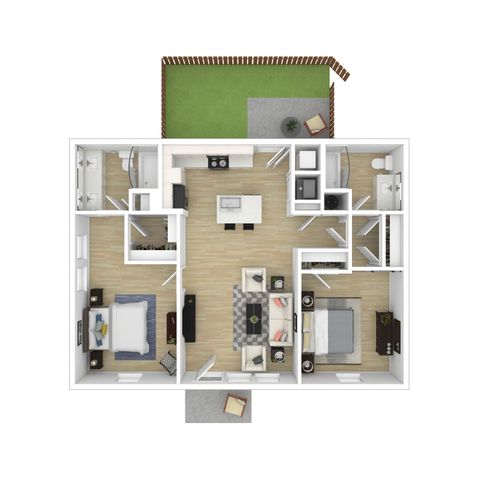 Modern 3D floor plan showcasing 2 spacious bedrooms, open-concept kitchen and living area, two sleek bathrooms, and a private outdoor patio.