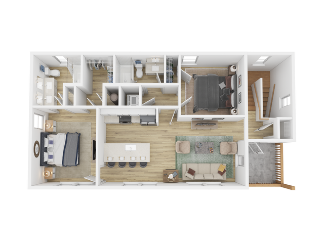 Modern 3D floor plan showcasing 2 bedrooms, open kitchen with island, and cozy living area, perfect for comfortable living.
