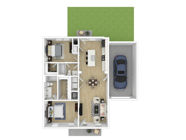 Modern floor plan featuring 2 bedrooms, open living area, sleek kitchen, and a single car garage with adjacent green space.