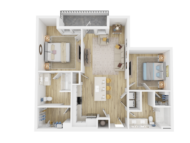 Modern 2-bedroom apartment floor plan featuring a spacious living area, cozy kitchen with dining bar, and two luxurious bathrooms.