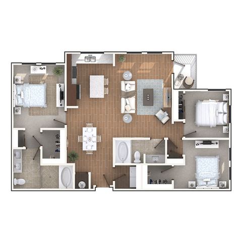Modern floor plan showcasing a spacious 3-bedroom apartment with an open-concept living and dining area, two luxurious bathrooms, and a cozy balcony.