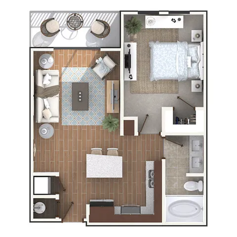 Cozy one-bedroom apartment floor plan featuring an open-concept living area, modern kitchen, and private balcony.