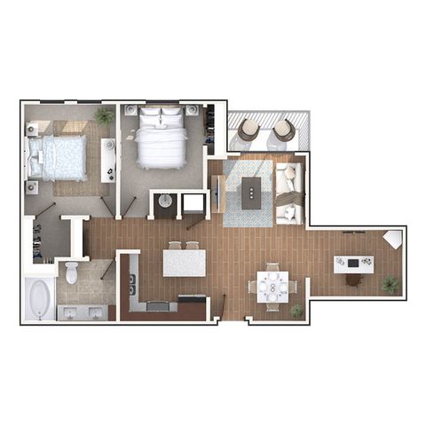 Modern floor plan showcasing a sleek 2-bedroom apartment with open living and dining area, well-appointed kitchen, and a private balcony.