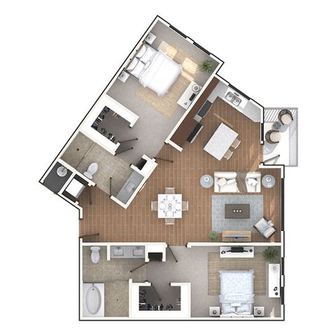 Chic floor plan showcasing 2 bedrooms, open-plan living and dining area, stylish kitchen, and two modern bathrooms.
