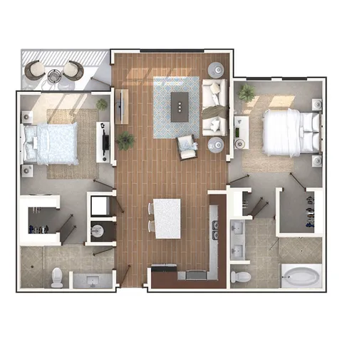 Elegant floor plan showcasing two cozy bedrooms, a chic open-concept living area, and a stylish kitchen with high-quality finishes. Featuring ample natural light and a modern balcony.