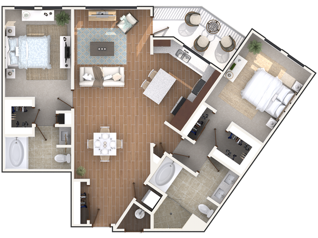 Modern 2D floor plan showcasing a luxurious 2-bedroom apartment with an open living and dining area, sleek kitchen, and private balcony.