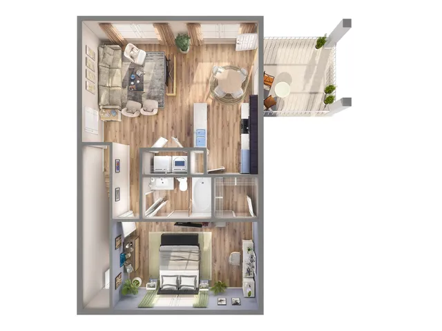 Chic 2D floor plan showcasing a modern apartment with one bedroom, an open living area, a sleek kitchen, and a cozy balcony.