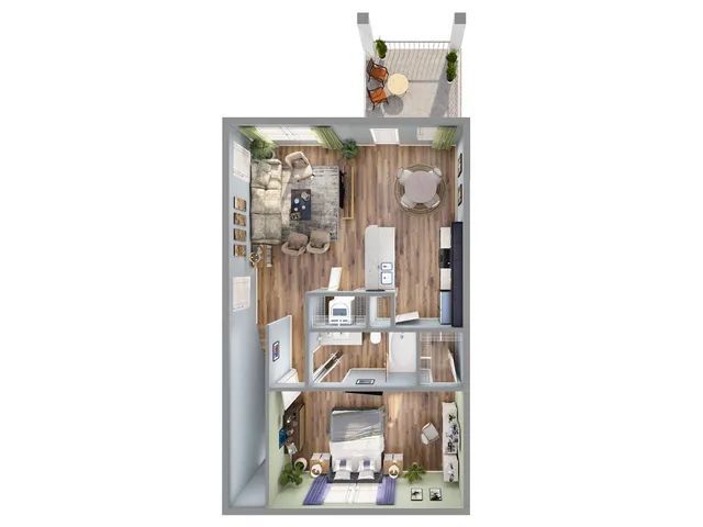 Modern 1-bedroom floor plan with a cozy living room, sleek kitchen, and private balcony, perfect for urban living.