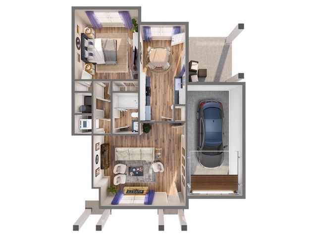 Elegant 3D floor plan showcasing 1 bedroom, cozy living room, modern kitchen, and an attached garage.