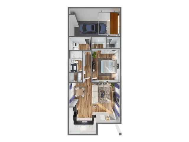 Modern 2D floor plan showcasing a single bedroom with an attached garage, elegant kitchen, cozy living room, and sleek bathroom.