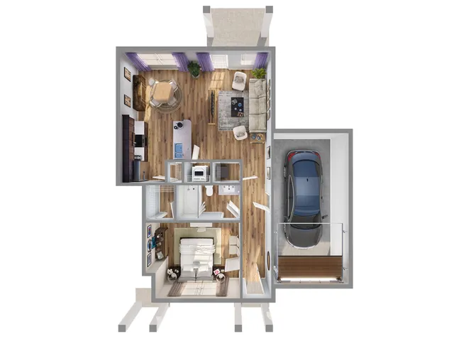 Chic floor plan highlighting one-bedroom layout with open-plan living area, modern kitchen, and integrated garage.