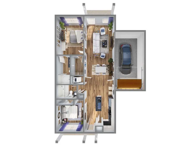 Modern 3D floor plan showcasing a sleek apartment with two cozy bedrooms, a stylish open living area, a contemporary kitchen, and an attached garage.