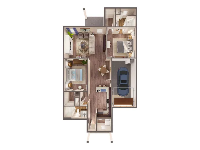 Modern floor plan showcasing 2 bedrooms, open living room, sleek kitchen, and integrated garage.