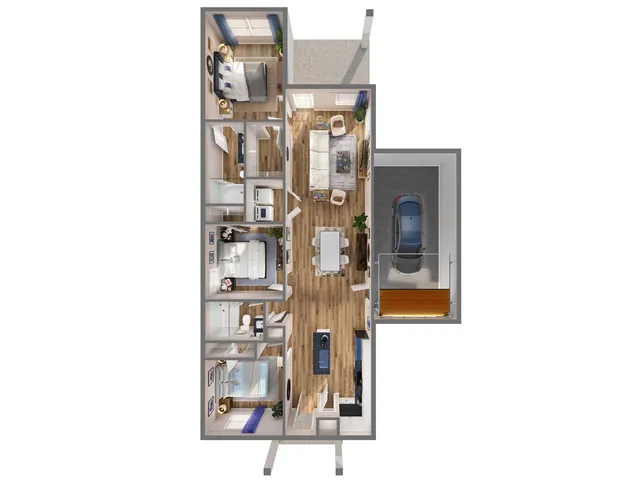 Modern apartment floor plan with three cozy bedrooms, an inviting open-plan living and dining area, sleek kitchen, and an attached garage, ideal for contemporary living.
