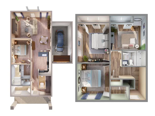 Modern 3D floor plan of a cozy apartment featuring three bedrooms, inviting living room, and sleek open kitchen. Includes two bathrooms and convenient garage space.