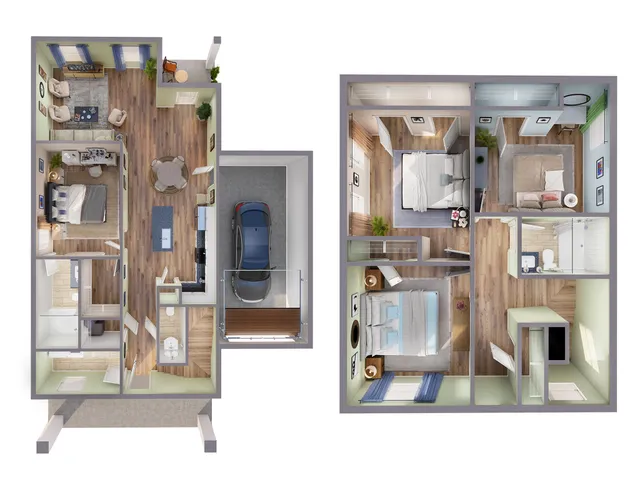 Modern 2D floor plan showcasing three bedrooms, an open kitchen-living area, two bathrooms, and a convenient attached garage.