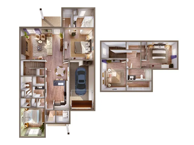 Modern 3D floor plan showcasing 3 bedrooms, a spacious open-plan living area, and a stylish kitchen with an adjoining garage.