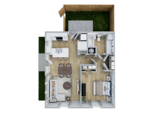 Contemporary 3D floor plan featuring a master bedroom, open living area with cozy furniture, modern kitchen with bar seating, and spacious outdoor patio.