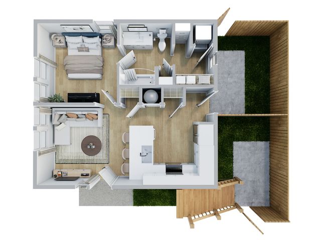 Modern 1-bedroom apartment floor plan featuring an open-concept living area, sleek kitchen, and private patio with greenery.