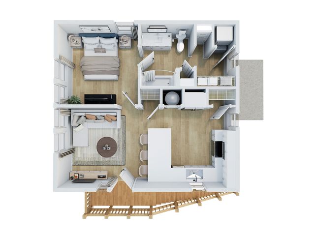 Charming 3D floor plan featuring a stylish bedroom, cozy living room with entertainment unit, modern kitchen with island seating, and a sunny balcony.