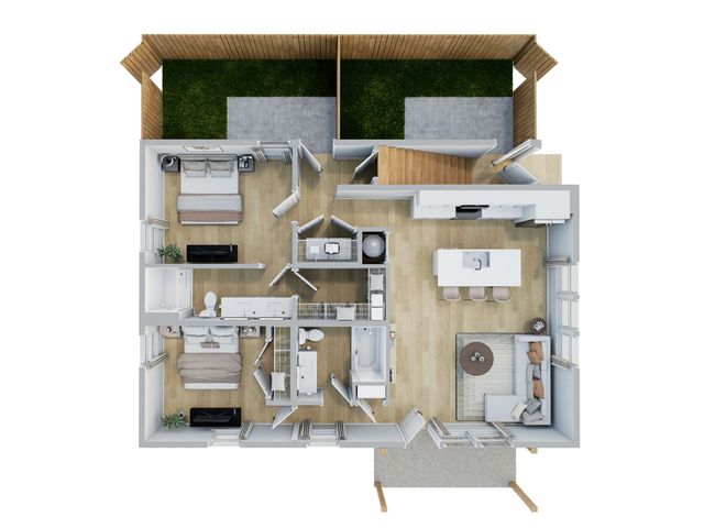 Modern 3D floor plan featuring two bedrooms, an open kitchen with a dining area, and a cozy living room, complemented by a spacious outdoor area.