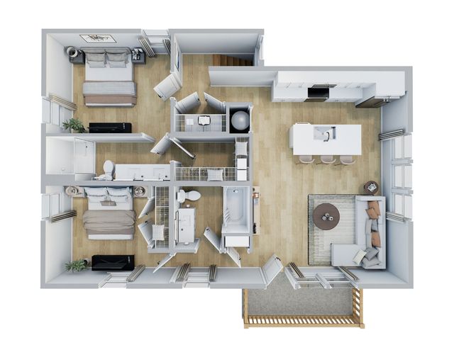 Modern 3D floor plan featuring 2 spacious bedrooms, elegant open-concept kitchen with island seating, cozy living room, 2 bathrooms, and a stylish outdoor balcony.