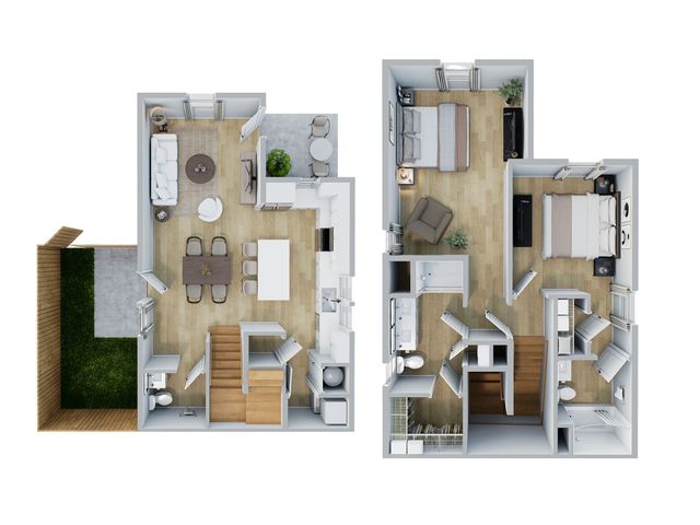 Modern 3D floor plan featuring an open-concept living and dining area, two bedrooms, and a private outdoor space. Includes a sleek kitchen and two stylish bathrooms across two levels, offering a perfect blend of comfort and elegance.