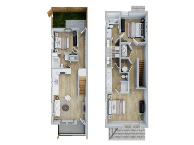 Chic 2D floor plan showcasing a modern duplex with 3 bedrooms, spacious living area, elegant kitchen, and private backyard retreat.