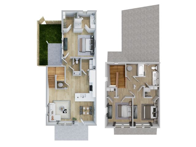 Modern 3D floor plan showcasing a spacious two-story apartment with three bedrooms, stylish open-concept living area, and a cozy backyard space.