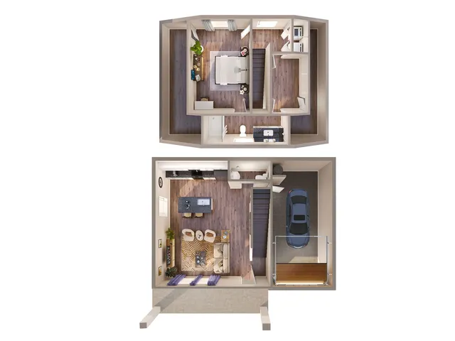 Modern floor plan featuring a cozy bedroom, stylish open-concept living and dining area, sleek kitchen, and attached garage, ideal for comfortable living.