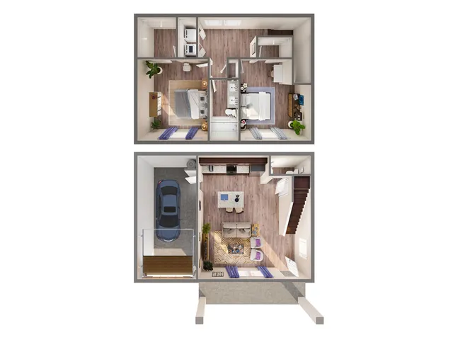 Chic 3D floor plan showcasing a modern townhouse with 2 bedrooms, a spacious living room, sleek kitchen, and attached garage.