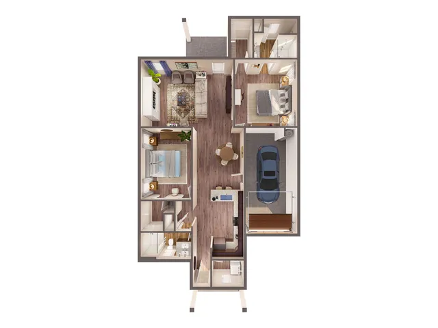 Elegant floor plan showcasing two spacious bedrooms, a modern kitchen, cozy living room, and an attached garage for convenience.