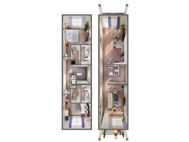 Elegant floor plan showcasing a two-level apartment with cozy bedrooms, modern kitchen, stylish living area, and chic dining space, perfect for urban living.