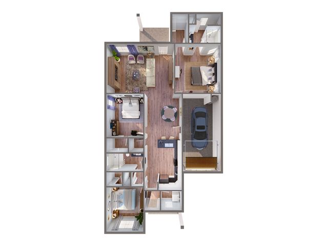 Spacious 3D floor plan showcasing 3 bedrooms, a cozy living area, modern kitchen, 2 bathrooms, and an attached garage.