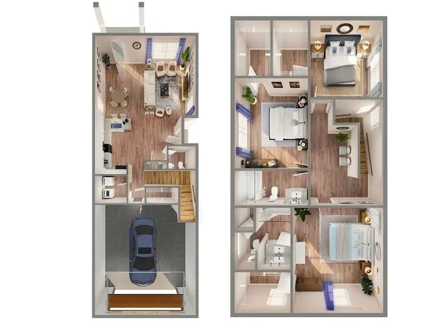 Modern duplex floor plan showcasing 3 spacious bedrooms, 2 elegant bathrooms, a sleek open-concept kitchen and living room, and a convenient garage.