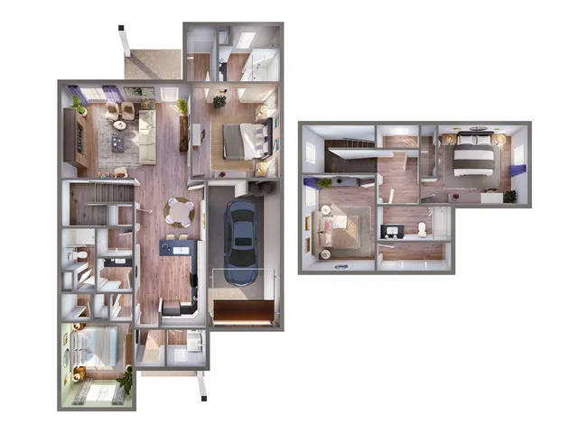 Modern 3D floor plan featuring 3 bedrooms, a cozy living room, stylish kitchen, and attached garage, perfect for comfortable family living.