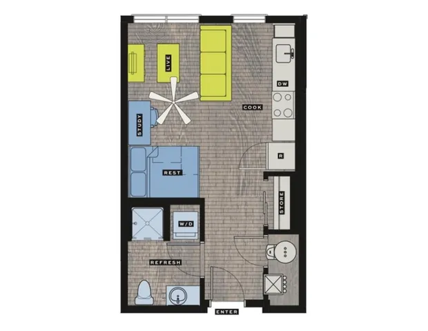 Contemporary 1-bedroom floor plan featuring an open living area, modern kitchen, and dedicated study zone.