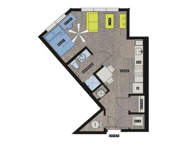Intriguing 2D floor plan with a bedroom, compact study, inviting living area, and a modern kitchen.
