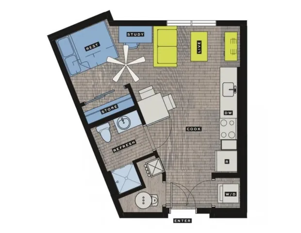 Efficient floor plan featuring a bedroom, study area, open living and cooking space, and modern amenities.
