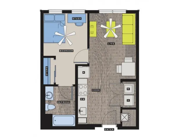 Floor plan of a modern one-bedroom apartment with dedicated study area, open living room, and efficient kitchen layout.