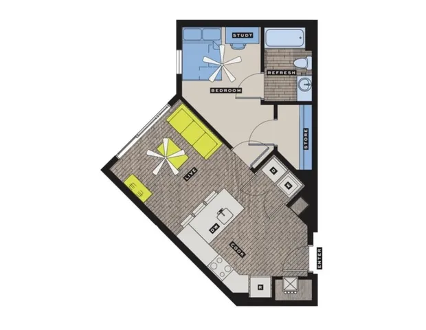 Contemporary floor plan for a one-bedroom apartment with study, open living area, and modern kitchen.