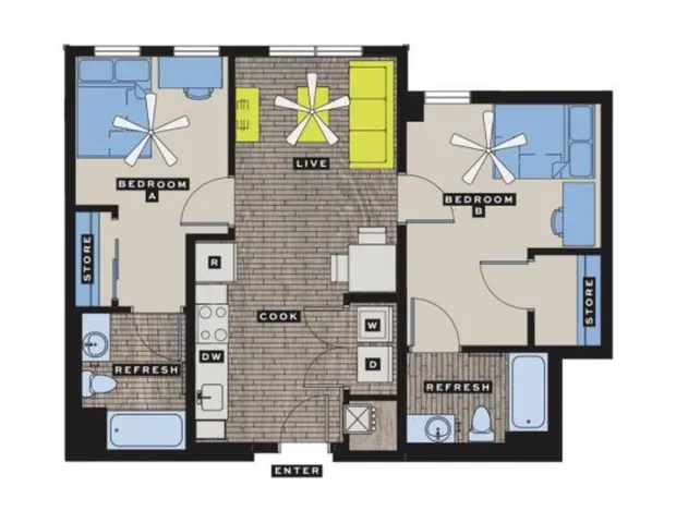 Modern 2-bedroom floor plan with open-concept living room and equipped kitchen.