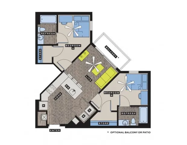 Detailed floor plan showcasing 2 cozy bedrooms, a sleek kitchen, and an inviting living area with a balcony.