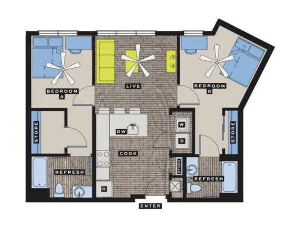 2-bedroom apartment floor plan with open living area, modern kitchen, and two bathrooms.