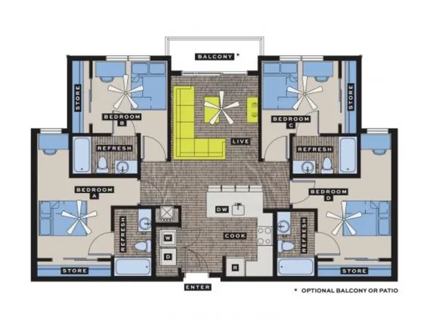 Modern 2D floor plan featuring four bedrooms, two bathrooms, an open living area, and a kitchen with island.