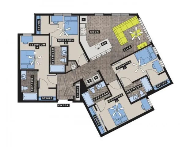 Detailed floor plan featuring 3 bedrooms, an open kitchen with dining area, and a cozy living space.