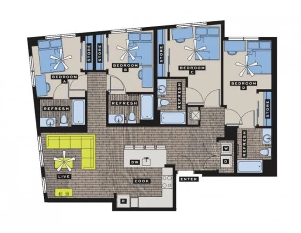 Floor plan outlining 4 bedrooms, modern kitchen, and open living area.