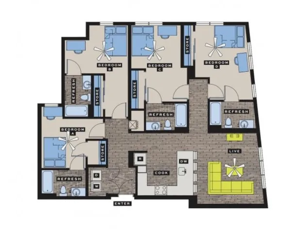 Detailed floor plan of a four-bedroom apartment with open living area and modern kitchen.