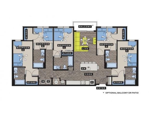 Intricate floor plan of a five-bedroom apartment with an open-concept living area, kitchen, and optional balcony.